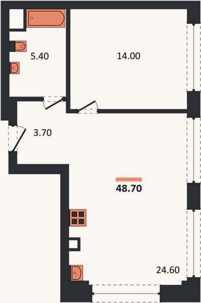 Планировка: 1-к, 48,7 м²