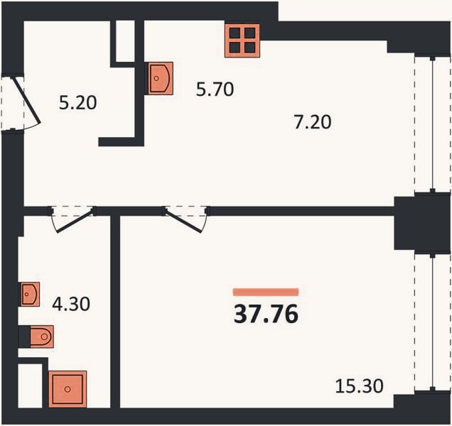 Планировка: 1-к, 37,8 м²