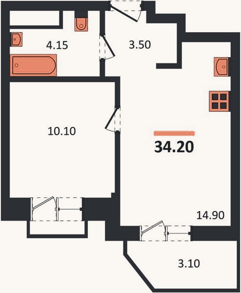 Планировка: 1-к, 34,2 м²
