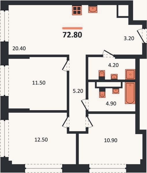Планировка: 3-к, 72,8 м²