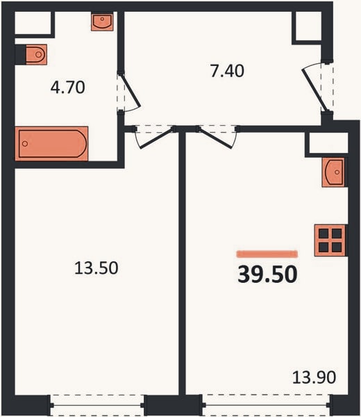 Планировка: 1-к, 38 м²