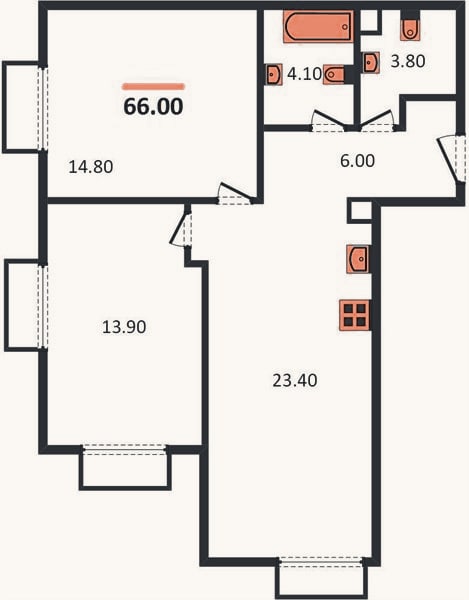 Планировка: 2-к, 66 м²