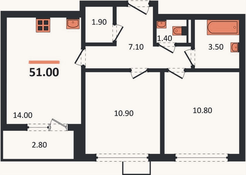 Планировка: 2-к, 51 м²