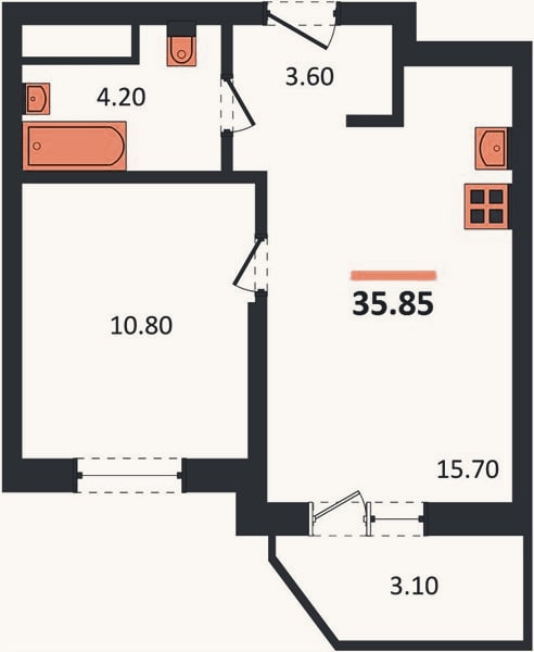 Планировка: 1-к, 35,9 м²