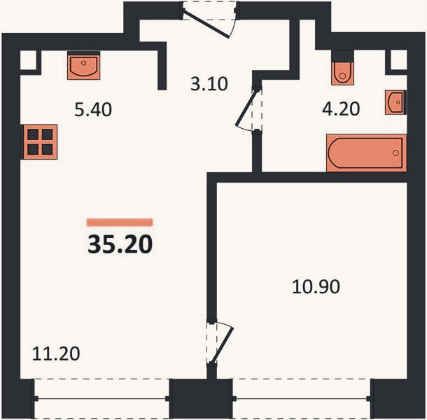 Планировка: 1-к, 35,2 м²