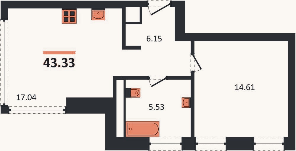 Планировка: 1-к, 43,3 м²