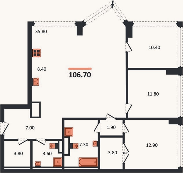 Планировка: 3-к, 106,7 м²