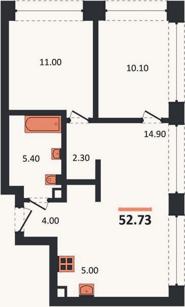 Планировка: 2-к, 52,7 м²