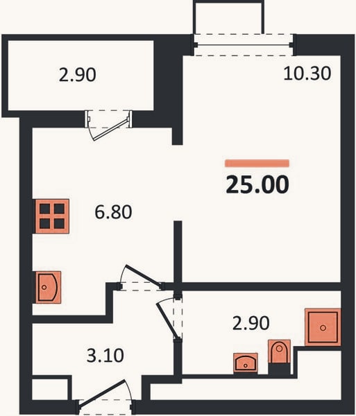 Планировка: 1-к, 25 м²
