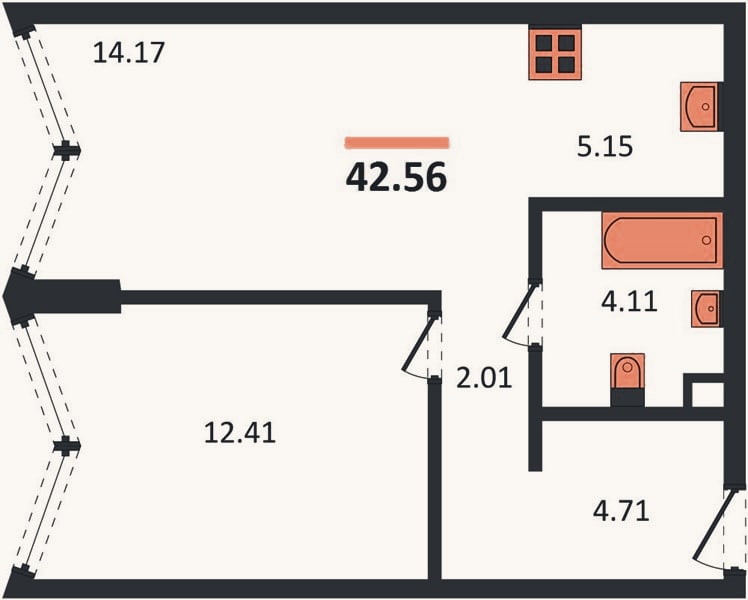Планировка: 1-к, 42,6 м²