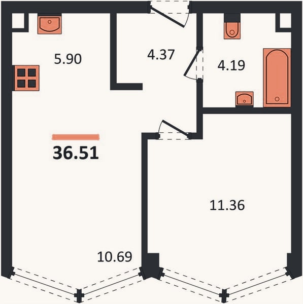 Планировка: 1-к, 36,5 м²