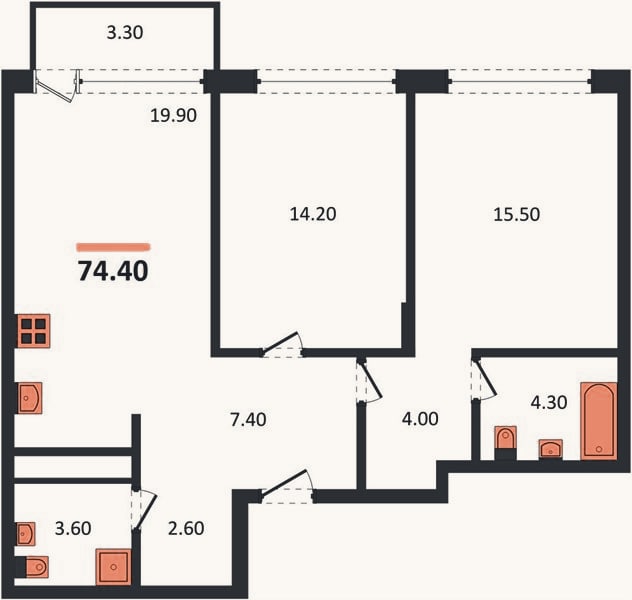 Планировка: 2-к, 74,4 м²