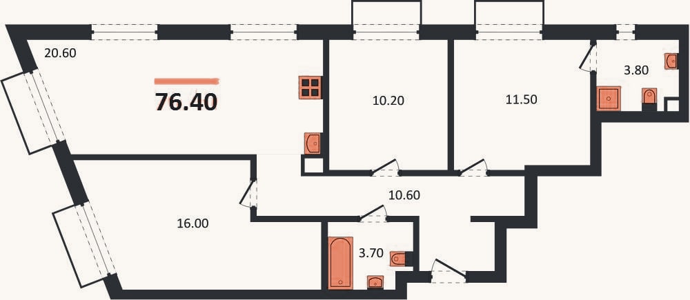 Планировка: 3-к, 76,4 м²