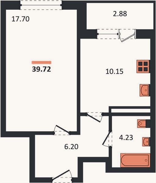Планировка: 1-к, 39,7 м²