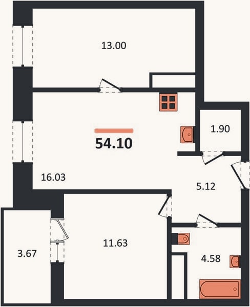 Планировка: 2-к, 54,1 м²