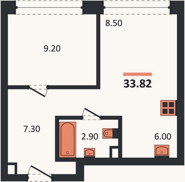 Планировка: 1-к, 33,8 м²