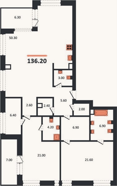 Планировка: 2-к, 136,2 м²