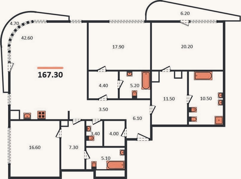 Планировка: 3-к, 167,3 м²