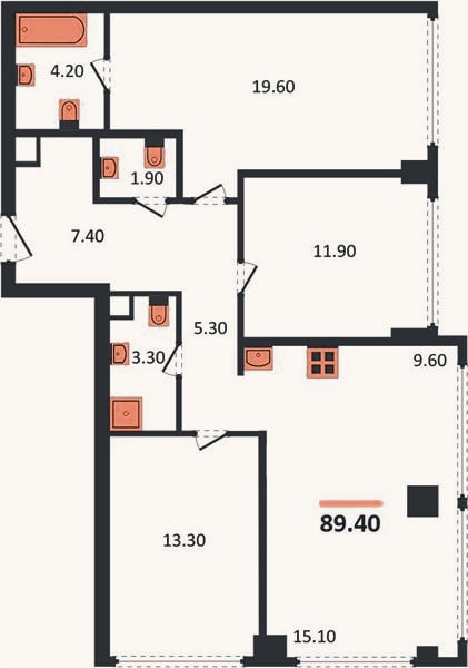 Планировка: 3-к, 89,4 м²