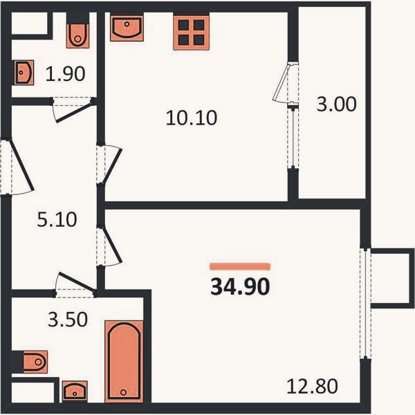 Планировка: 1-к, 34,9 м²