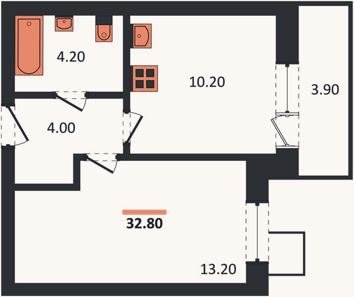 Планировка: 1-к, 32,8 м²