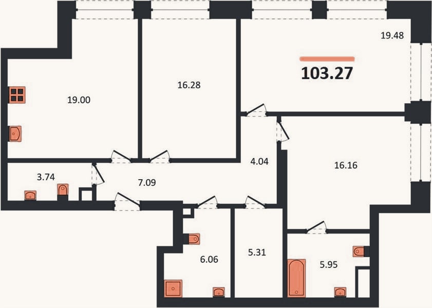 Планировка: 3-к, 103,3 м²