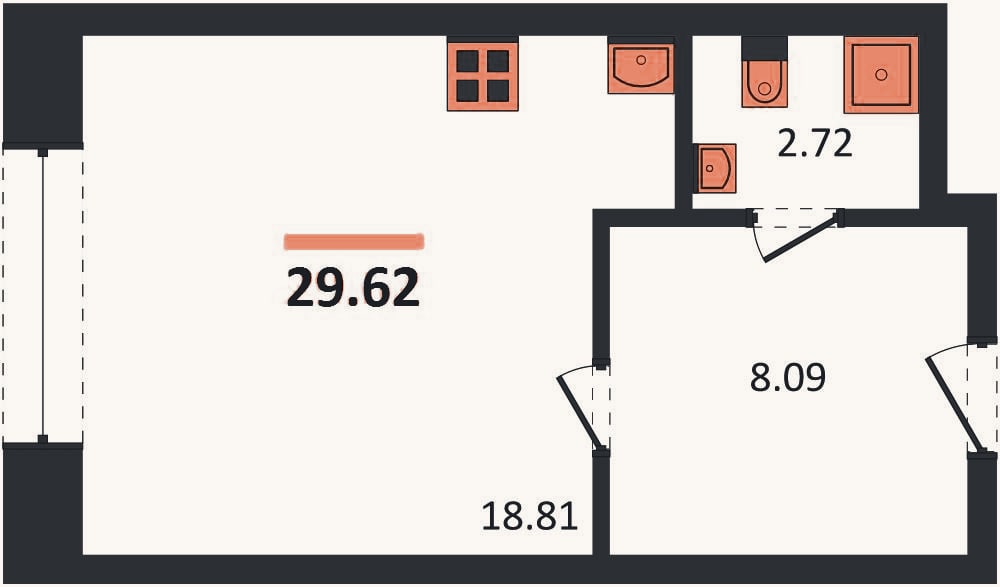 Планировка: Студия, 29,6 м²