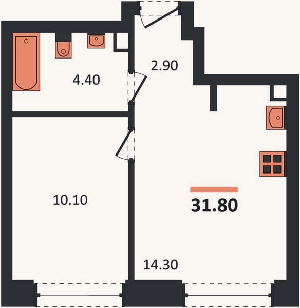 Планировка: 1-к, 31,8 м²