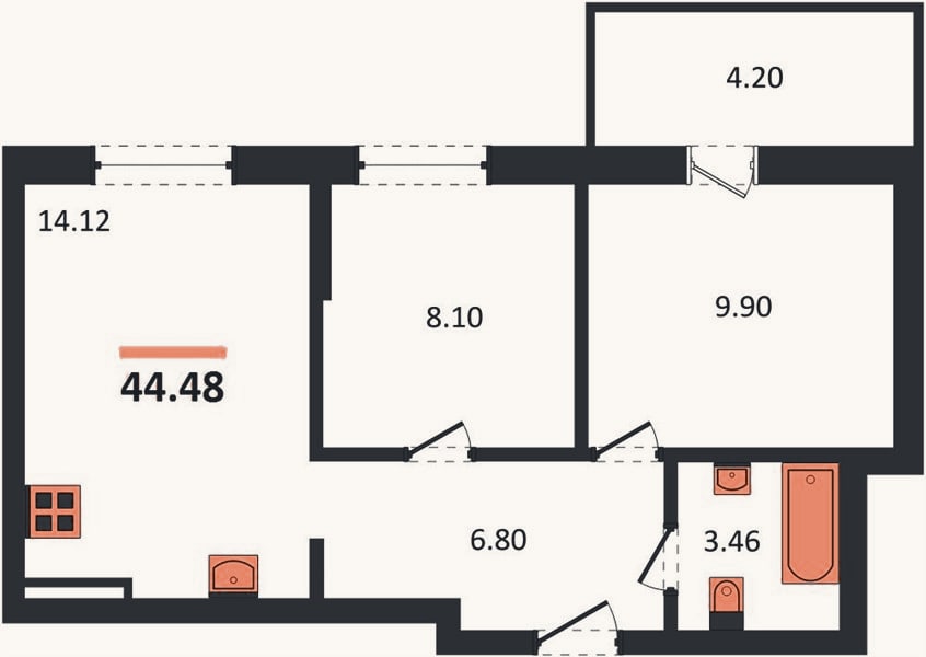 Планировка: 2-к, 44,5 м²