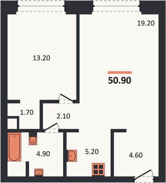 Планировка: 1-к, 50,9 м²