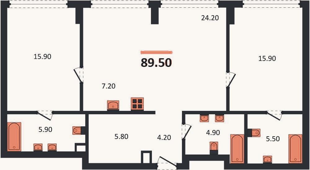 Планировка: 2-к, 89,5 м²