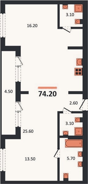 Планировка: 2-к, 74,2 м²