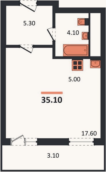 Планировка: Студия, 35,1 м²