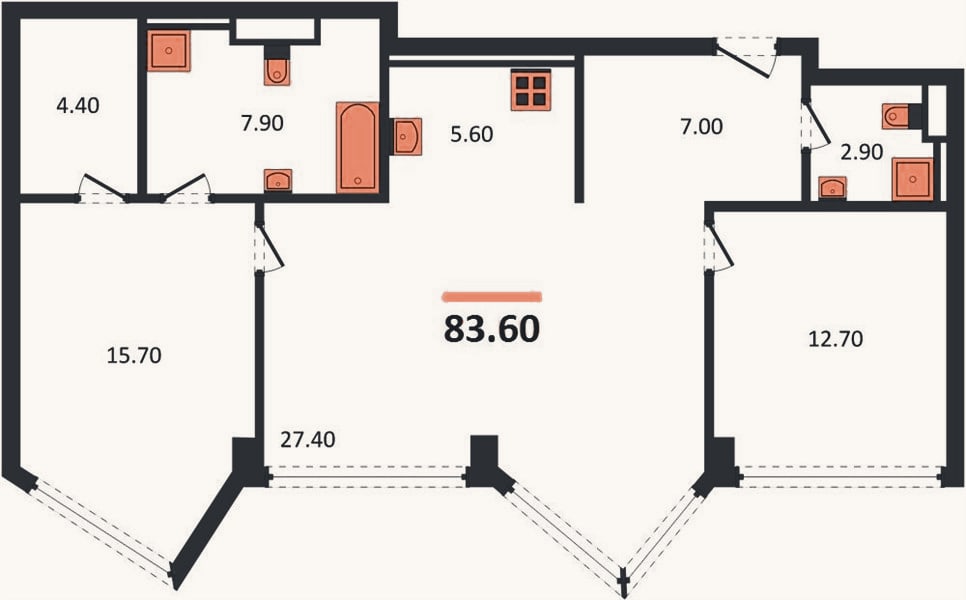 Планировка: 2-к, 83,6 м²