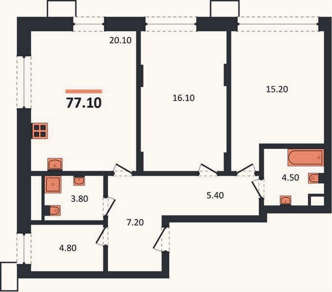 Планировка: 2-к, 77,1 м²