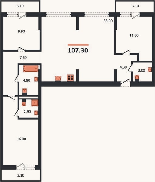 Планировка: 3-к, 107,3 м²