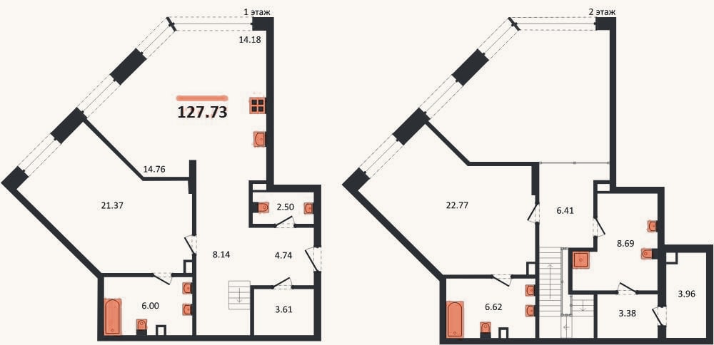 Планировка: 2-к, 127,7 м²
