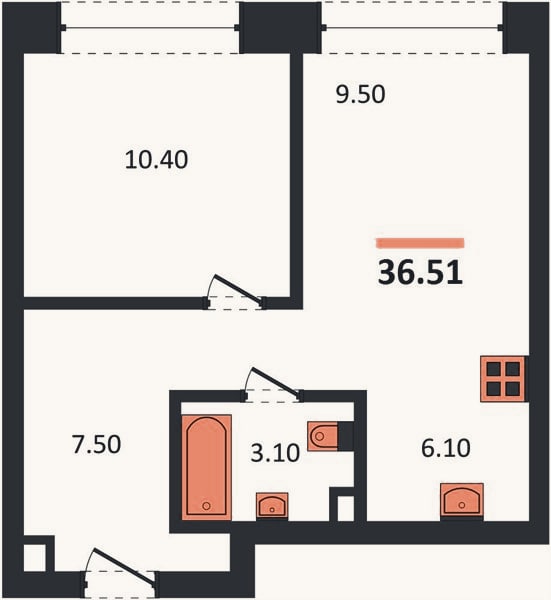 Планировка: 1-к, 36,5 м²