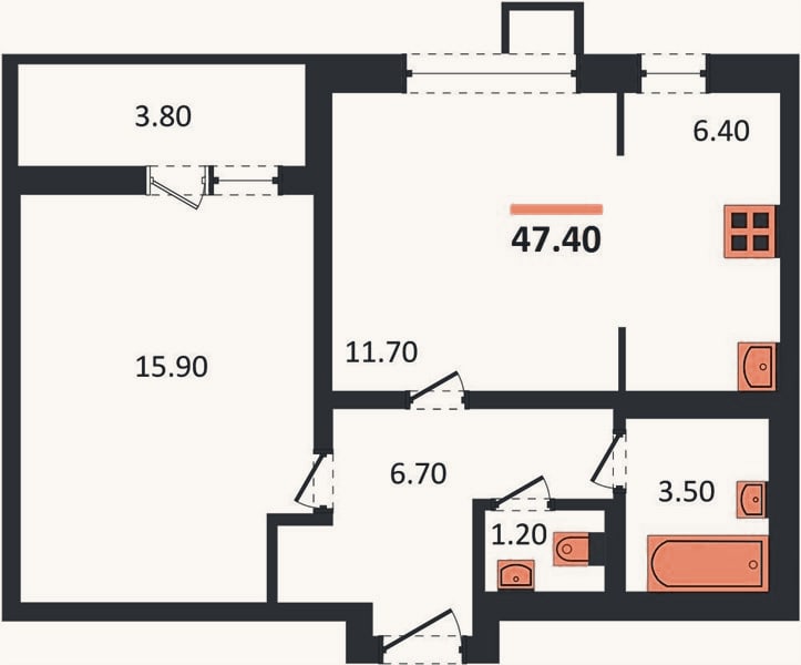 Планировка: 1-к, 47,4 м²
