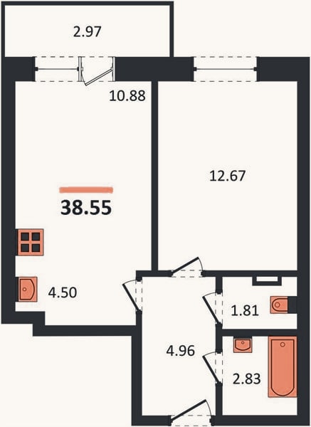 Планировка: 1-к, 37,7 м²