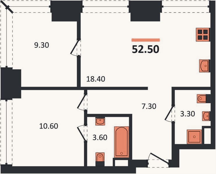 Планировка: 2-к, 52,5 м²