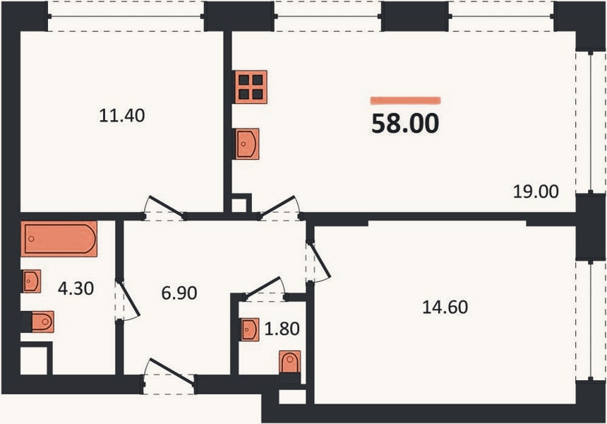 Планировка: 2-к, 58 м²