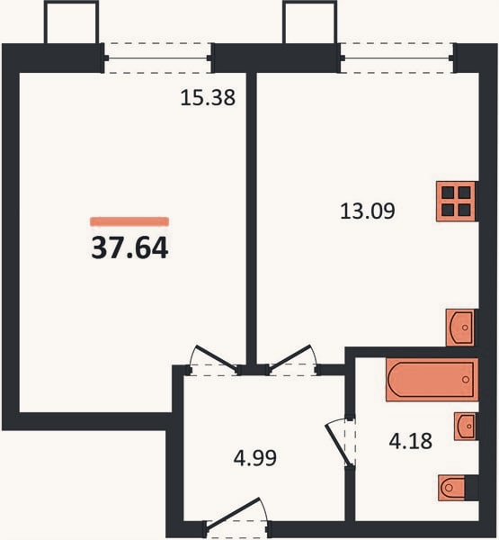 Планировка: 1-к, 37,6 м²
