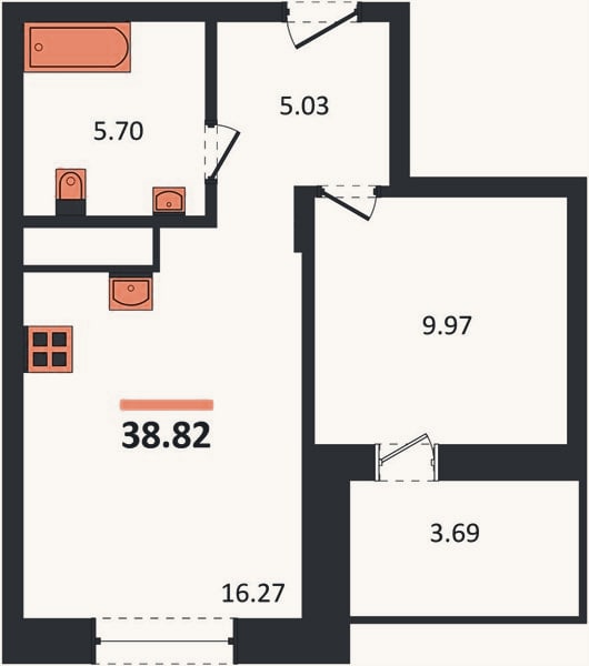 Планировка: 1-к, 38,8 м²