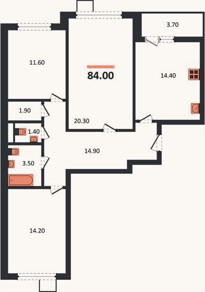 Планировка: 3-к, 84 м²