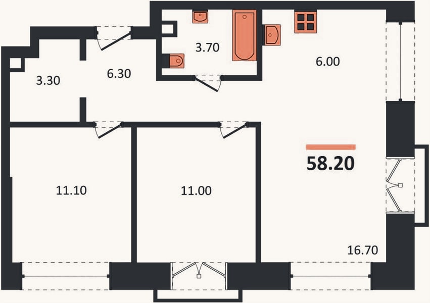 Планировка: 2-к, 58,2 м²