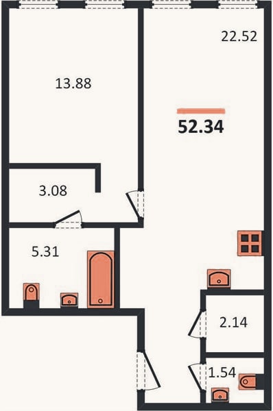 Планировка: 1-к, 52,3 м²