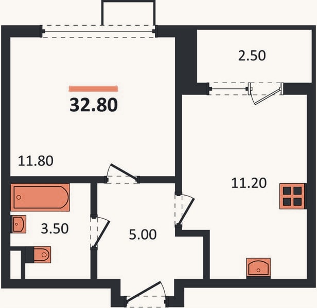 Планировка: 1-к, 32,8 м²