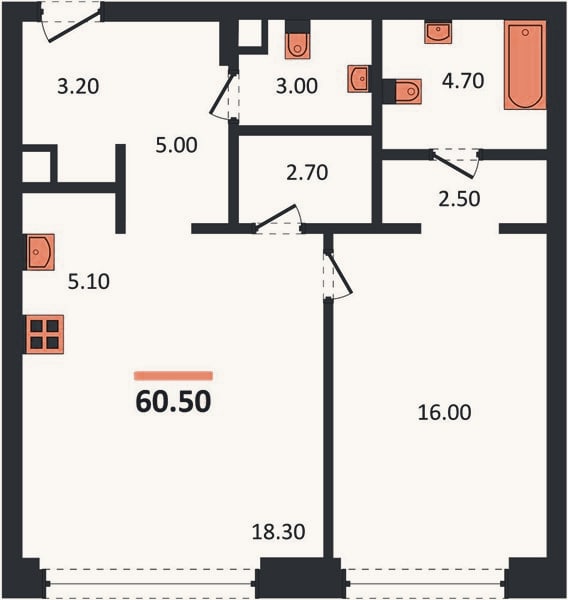 Планировка: 1-к, 60,5 м²
