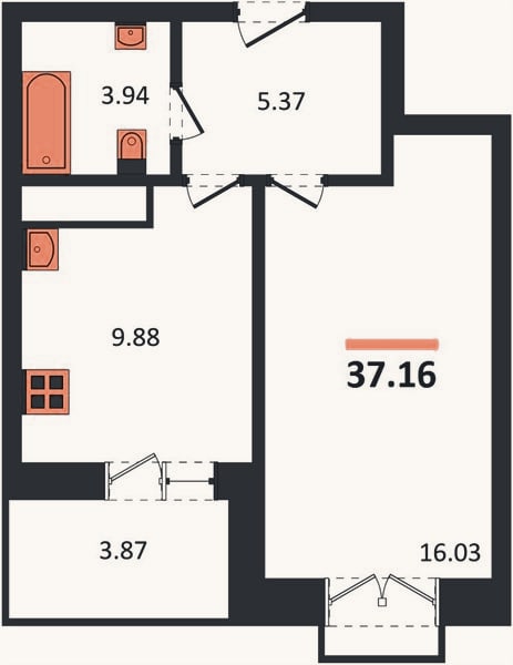Планировка: 1-к, 37,2 м²